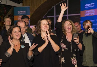 Independent candidate for Mayor of Vancouver Kennedy Stewart supporters cheer after their candidate takes the lead in Vancouver,  Oct. 20, 2018.
