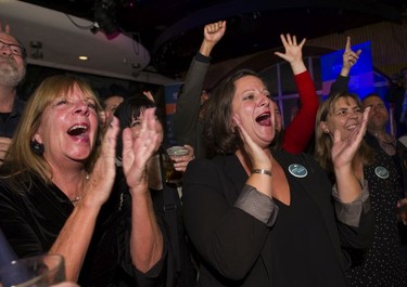 Supporters of winning mayoral candidate Kennedy Stewart celebrate his election victory at the Waldorf Hotel in Vancouver on Oct. 21 2018.