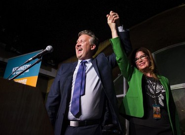 Victorious Vancouver mayoral candidate Kennedy Stewart and wife Jeanette Ashe celebrate his election at the Waldorf Hotel in Vancouver in the early-morning hours of Oct. 21 2018.