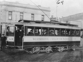 This photo of Car 13 is from 1892, a year after it completed its inaugural interurban trip from New Westminster to Vancouver. Car 13 is shown leaving Carrall and Hastings streets.