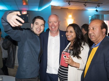City of Burnaby mayor elect Mike Hurley celebrates with supporters at his election headquarters after winning the 2018 municipal election Saturday.