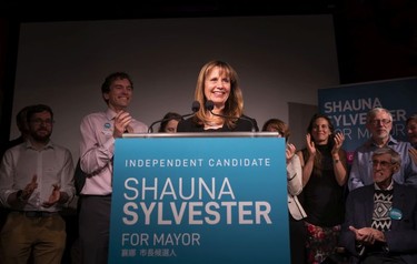 Shauna Sylvester, a candidate for Mayor in the City of Vancouver  2018 municipal election, speaks to supporters after losing the election Oct., 20, 2018.