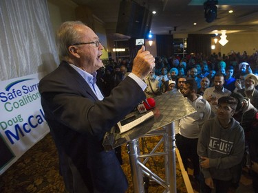 Safe Surrey Coalition mayoral candidate Doug McCallum celebrates his win in the civic election Saturday night in Surrey.