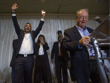 Safe Surrey Coalition mayoral candidate Doug McCallum celebrates his win in the civic election Saturday night in Surrey.