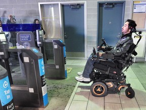 Omar Al-azawi tries the new Universal Fare Gate Access gates at the Sperling/Burnaby lake SkyTrain Station in January.