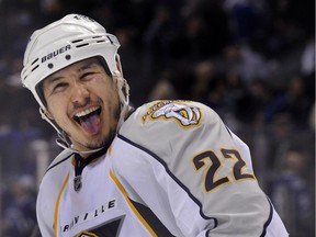 Jordin Tootoo of the Nashville Predators celebrates after a win over the Vancouver Canucks in Game 5 of their NHL Western Conference semifinal playoff series on May 7, 2011.