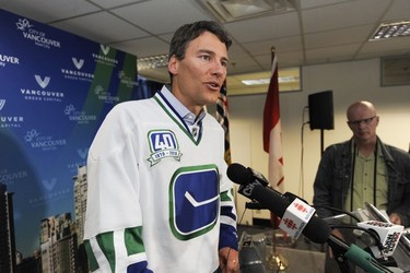 Vancouver Mayor Gregor Robertson speaks to media about Canucks playoffs in Vancouver on June 13, 2011.