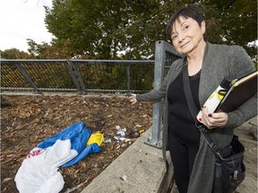 Fern Jeffries points out used needles and drug supplies in the park adjacent to Crosstown Elementary School in the False Creek area.
