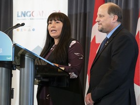 Haisla Chief Councillor Crystal Smith and Kitimat Mayor Phil Germuth speak during a press conference announcing the signing of a Declaration of Final Investment Decision for a LNG project in Kitimat in October 2018.