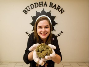 Lindsay Bell of Buddha Barn Medical Cannabis with cannabis buds in Vancouver, BC, Oct. 11, 2018.
