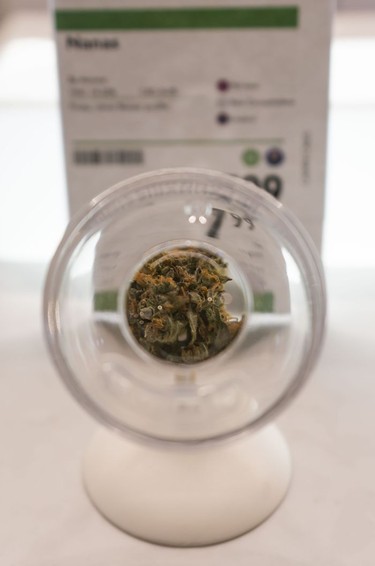 A cannabis bud sits in a sniffing jar inside the BC Cannabis Store in Kamloops, Oct., 17, 2018.