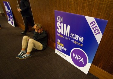A supporter at Ken Sim's NPA headquarters at Coast Coal Harbour Hotel in Vancouver on Oct. 20, 2018.