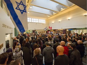 Hundreds of people gathered inside the Jewish Community Centre in Vancouver, BC, Oct. 28, 2018.