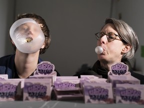 Artists Hannah Jickling (left) and Helen Reed and blow bubbles with their new gum as part of their public art project.