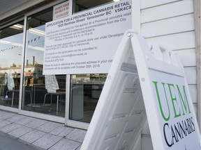 An application sign for a provincial cannabis retail licence  posted at the front of UEMCannabis at 1605 Renfrew St. in Vancouver.