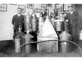 View of liquor stills captured during Prohibition, circa 1917. Vancouver police department photo. Vancouver Archives VPD-S214-: CVA 480-215.