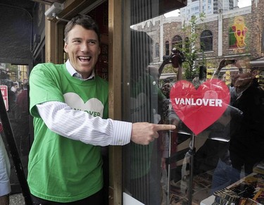 Vancouver Mayor Gregor Robertson endorses the city's business improvement association's "Vanlover" campaign, encouraging people to support downtown businesses in wake of the 2011 Stanley Cup riot.