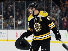 Patrice Bergeron of the Boston Bruins has worn many hats this NHL season, including offensive leader of his NHL squad that faces the Vancouver Canucks Saturday night at Rogers Arena.
