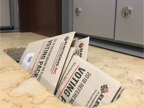 Handfuls of Elections B.C. voter packages, with specific address labels for voters, for the fall 2018 referendum on voting systems were discarded as junk mail in a downtown Vancouver condo building. Scott Brown/PNG