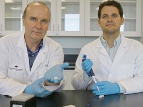 Applied Environmental Research Laboratories researchers Dr. Chris Gill (left) and PhD candidate Scott Borden are developing a drug-testing method that could save lives.