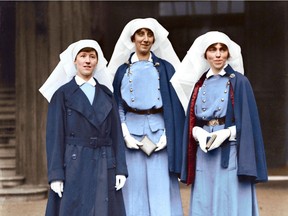 From the Vimy Foundation book They Fought in Colour. Left to right: Nursing Sisters, Mowat, McNichol, and Guilbride.