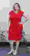 This red, jewel-neck, peplum dress is a great colour and silhouette to streamline Mimi Shewchuk’s curvy body.
