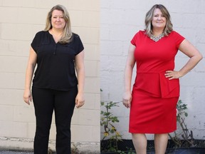 Mimi Shewchuk's wardrobe consisted of trousers, baggy tops and flowy cardigans, on the right is Mimi after her makeover by Nadia Albano.