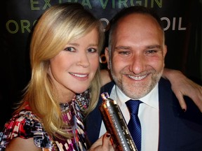 Domenica Fiore president Anna Wallner and production director Cesare Bianchini launched Novello di Notte extra-virgin oil that sees no light from its nighttime picking until the $65-priced stainless-steel bottles are opened.