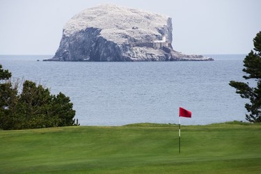 The par-4 12th hole with Bass Rock beyond at the Glen Golf Club (East Links).