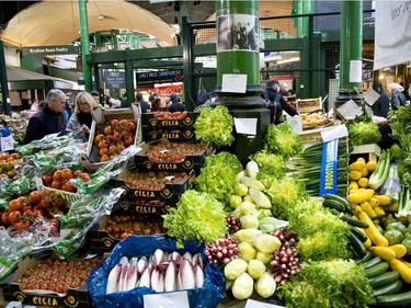 Fruit and vegetable stall inside Borough Market.