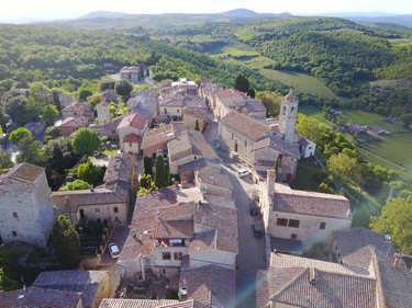 Aerial view of Montefollonico and the surrounding Tuscan countryside.