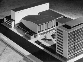 Tony Archer photo of a proposed civic centre at Robson and Howe in Vancouver. The $6 million project was announced by Vancouver Mayor Charles Thompson but was never built. Photo ran in the Nov. 1, 1949 Vancouver Sun.