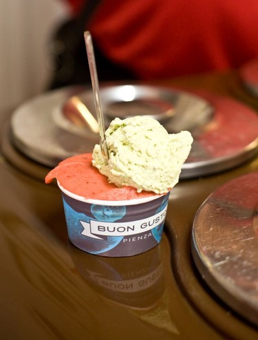 Ice cream close-up from Buon Gusto gelateria (ice cream shop) in Pienze.
