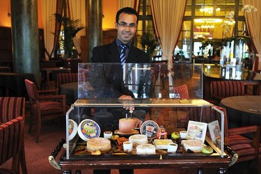 Cheese trolley at a local hotel with a selection of cheeses from Normandy's Pays d'Auge region.