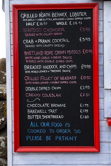 Lobster Shack menu board – North Berwick harbour.