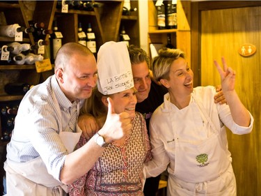 Hamming it up for the cameras during the 'Student of the day' award after a Cook in Tuscany class, Botte Piena, Montefollinico.