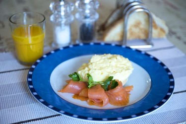 Smoked salmon and scrambled eggs breakfast at Milleur House Bed & Breakfast.