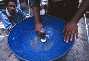 A steel pan in the making, Port of Spain.
