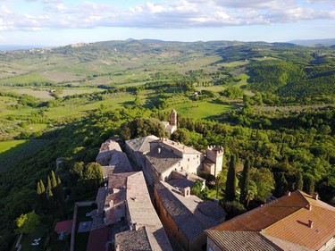 Aerial view of Montefollonico and the surrounding Tuscan countryside.