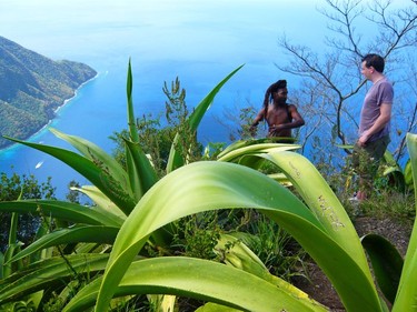 One time use  only. :ST LUCIA.  A walker and his guide on the summit of Petit Piton. caribbean2.0  Caribbean Travel2.0 Photo credit: Andrew Marshall [PNG Merlin Archive]