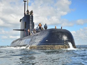 In this undated file photo provided by the Argentina Navy shows an ARA San Juan, a German-built diesel-electric vessel, near Buenos Aires, Argentina. Argentina's navy announced early Saturday, Nov. 17, 2018, that searchers found the missing submarine ARA San Juan deep in the Atlantic a year after it disappeared with 44 crewmen aboard.