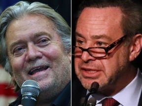 Former White House strategist Steve Bannon, left, and political commentator David Frum. (Jeffrey T. Barnes/AP and Gavin Young/Postmedia Network file photos)