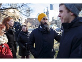 Federal NDP leader Jagmeet Singh thanks people following a press conference to comment on the cuts made by Ontario Premier Ford to planned Ontario Francophone universities, in Toronto on Thursday, Nov. 22, 2018.