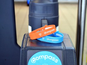 Compass Wristbands work the same as Compass Cards — tap in and out when travelling on transit and reload online, at a Compass Vending Machine, by phone or in person.