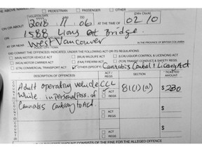 A 23-year-old Calgary driver was issued West Vancouver's first cannabis ticket Tuesday as shown in this handout image provided by the West Vancouver Police. There was no indication that the driver was impaired so he was allowed the go but not before being handed a $230 ticket under the new B.C. Cannabis Control and Licensing Act.
