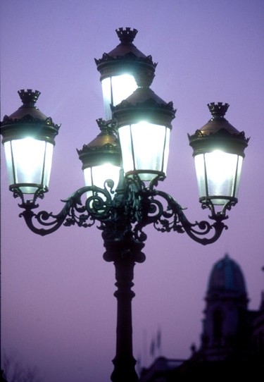 Lights at twilight on the O'Connell Street Bridge.