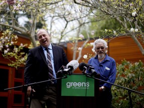 David Suzuki (right, endorsing the B.C. Green party with party leader Andrew Weaver during last year’s election) is a supporter of proportional representation in the electoral reform referendum — as is Weaver.