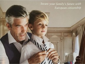 This ad ran in the  Global Residence and Citizenship Review, a glossy magazine that sings the praises of the “aspiring migrants” who buy extra passports and visas. The ad promotes the value of paying to “secure your family’s future with European citizenship.”