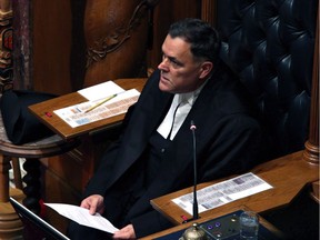 Speaker of the legislature Darryl Plecas delivers remarks before the speech from the throne in the legislative assembly in Victoria, B.C., on September 8, 2017.
