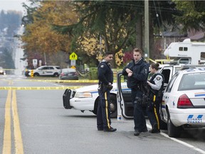 Surrey RCMP on the scene of an overnight shooting death at 70A and 142nd Street on Friday, Nov. 9, 2018.